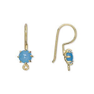 Ear wire, blue chalcedony (dyed) and gold-finished sterling silver, 22mm fishhook with 7.5mm hand-cut faceted round and closed loop, 19 gauge. Sold per pair.