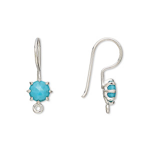 Ear wire, &quot;turquoise&quot; (resin) (imitation) and sterling silver, 22mm fishhook with 7.5mm hand-cut faceted round and closed loop, 19 gauge. Sold per pair.