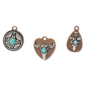 Drop mix, antique silver-finished &quot;pewter&quot; (zinc-based alloy) and acrylic, blue turquoise, 14.5mm round with cross / 15.5mm single-sided heart with steer skull / 16x11mm single-sided teardrop with arrowhead. Sold per 3-piece set.