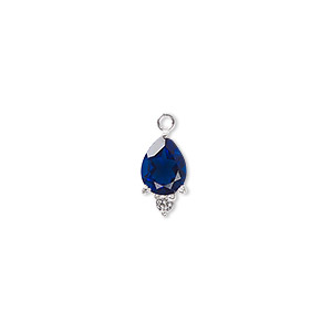 Drop, cubic zirconia and sterling silver, dark blue and clear, 12x6mm faceted pear. Sold individually.