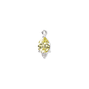 Drop, cubic zirconia and sterling silver, peridot green and clear, 12x6mm faceted pear. Sold individually.