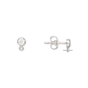 Earstud, cubic zirconia and rhodium-plated sterling silver, clear, 4mm round with closed loop. Sold per pair.