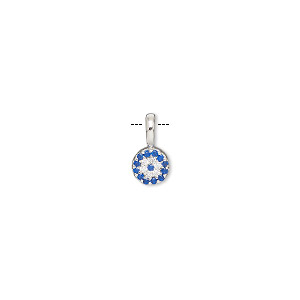 Drop, cubic zirconia and rhodium-plated sterling silver, blue and clear, 5mm single-sided flower. Sold individually.