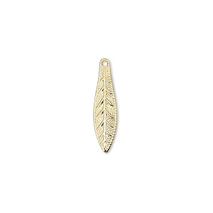Charm, gold-plated brass, stamped, 19x5mm leaf. Sold per pkg of 10.