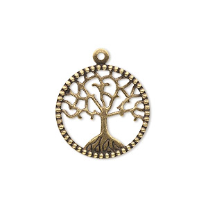 Charm, brass, 20mm single-sided flat round with cutout tree of life. Sold per pkg of 4.
