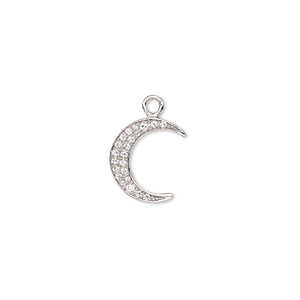 Charm, cubic zirconia and rhodium-plated sterling silver, clear, 12.5x10mm moon. Sold individually.