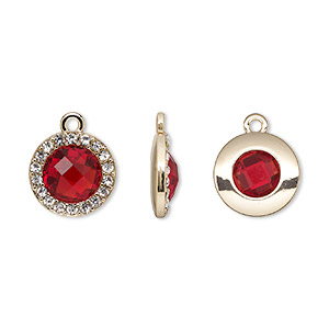 Drop, glass / glass rhinestone / gold-finished &quot;pewter&quot; (zinc-based alloy), clear and transparent ruby red, 15.5mm single-sided round. Sold per pkg of 2.