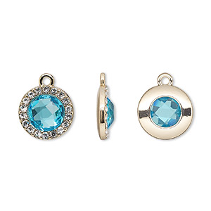 Drop, glass / glass rhinestone / gold-finished &quot;pewter&quot; (zinc-based alloy), clear and transparent sapphire blue, 15.5mm single-sided round. Sold per pkg of 2.