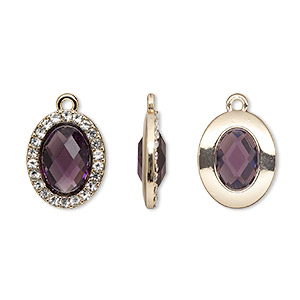 Drop, glass / glass rhinestone / gold-finished &quot;pewter&quot; (zinc-based alloy), clear and transparent amethyst purple, 19x15.5mm single-sided oval. Sold per pkg of 2.