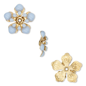 Component, epoxy and gold-finished copper, light blue, 14x13mm center-drilled single-sided flower. Sold per pkg of 2.
