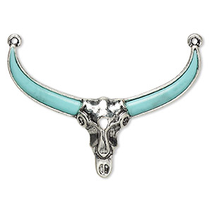 Focal, &quot;turquoise&quot; (resin) (imitation) and antiqued &quot;pewter&quot; (zinc-based alloy), blue, 50x33mm single-sided steer skull with 2 loops. Sold individually.