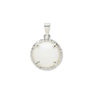 Pendant, glass rhinestone / mother-of-pearl shell / silver-finished brass, clear and white, 15mm single-sided round. Sold individually.