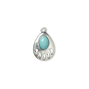 Charm, &quot;turquoise&quot; (resin) (imitation) and antiqued &quot;pewter&quot; (zinc-based alloy), blue, 14x11mm single-sided bear paw. Sold individually.