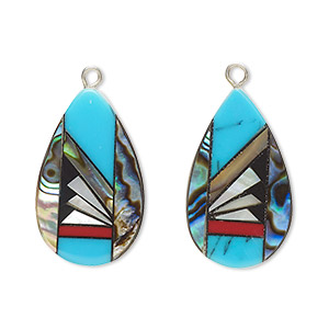 Drop, paua shell / mother-of-pearl shell / resin / silver-finished copper, multicolored, 24x14mm single-sided flat teardrop. Sold per pkg of 2.