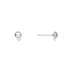 Earstud, silver-plated brass and stainless steel, 4mm half ball with closed loop. Sold per pkg of 50 pairs.