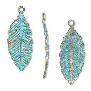 Charm, antique brass-finished pewter (tin-based alloy), blue patina, 28.5x12.5mm 3D curved leaf. Sold per pkg of 10.