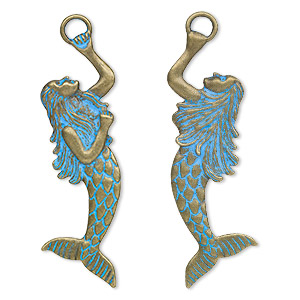 Focal, antique brass-finished pewter (tin-based alloy), blue patina, 2-4/5 x 1-inch two-sided mermaid. Sold per pkg of 4.