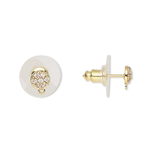 Earstud, cubic zirconia / gold-finished brass / plastic, clear, 5.5mm round with loop. Sold per pair.
