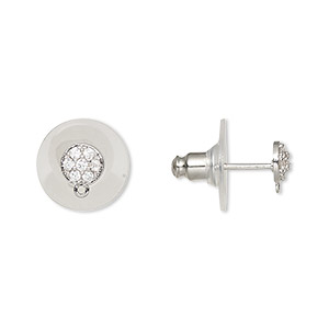Earstud, cubic zirconia / silver-finished brass / plastic, clear, 5.5mm round with loop. Sold per pair.