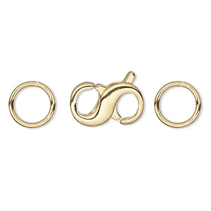 Clasp, lobster claw, gold-plated brass, 16x9mm double-ended infinity with (2) 10mm closed jump rings. Sold per pkg of 4.