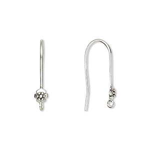 Ear wire, antiqued sterling silver, 21mm fishhook with flower and open loop, 20 gauge. Sold per pair.