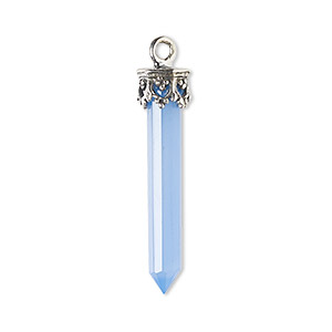 Drop, blue chalcedony (dyed) and antiqued sterling silver, blue, 20x4mm-26x6mm hand-cut 3D faceted point. Sold individually.
