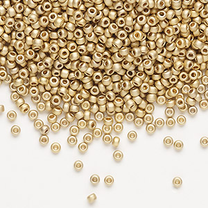 Seed bead, Miyuki, glass, opaque matte 24Kt gold-plated (RR191F), #8  rocaille. Sold per 4-gram pkg. - Fire Mountain Gems and Beads