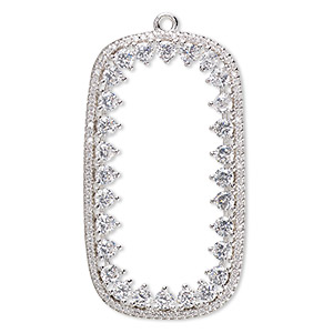 Focal, cubic zirconia and silver-plated brass, clear, 44x24.5mm single-sided open rounded rectangle. Sold individually.