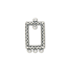 Drop, JBB Findings, antique silver-plated pewter (tin-based alloy), 16.5x12mm single-sided open rectangle with zigzag design and 4 loops. Sold per pkg of 2.