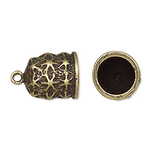 Cord end, JBB Findings, glue-in, antique brass-plated pewter (tin-based alloy), 15.5x14mm bell with star design, 10mm inside diameter. Sold individually.