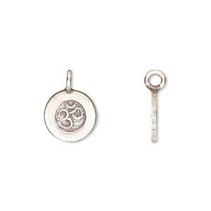 Drop, Hill Tribes, antiqued fine silver, 11mm single-sided round with Om design. Sold individually.