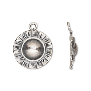 Drop, Hill Tribes, antiqued fine silver, 19mm single-sided wavy round with sun design. Sold individually.