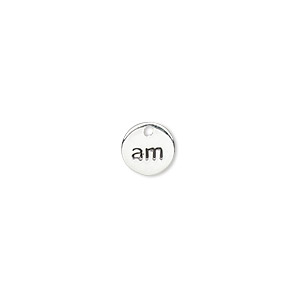 Drop, sterling silver and enamel, black, 8mm single-sided round with &quot;am.&quot; Sold individually.