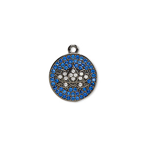 Drop, cubic zirconia and black-finished brass, blue and clear, 14.5mm single-sided round with lotus flower design. Sold individually.