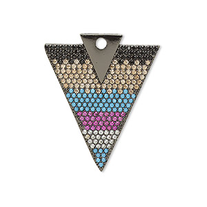 Drop, cubic zirconia and black-finished brass, multicolored, 29.5x24.5mm single-sided arrowhead. Sold individually.