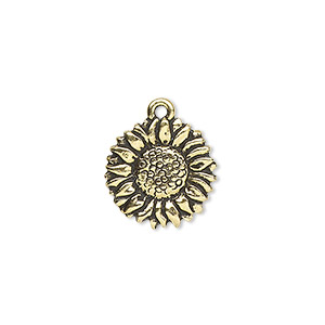 Charm, TierraCast&reg;, antique gold-plated pewter (tin-based alloy), 15mm double-sided sunflower. Sold per pkg of 2.