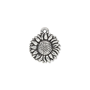 Charm, TierraCast&reg;, antique silver-plated pewter (tin-based alloy), 15mm double-sided sunflower. Sold per pkg of 2.