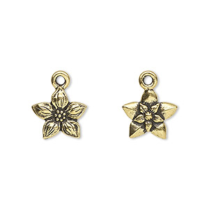 Charm, TierraCast&reg;, antique gold-plated pewter (tin-based alloy), 12x11mm two-sided star with jasmine flower. Sold per pkg of 2.