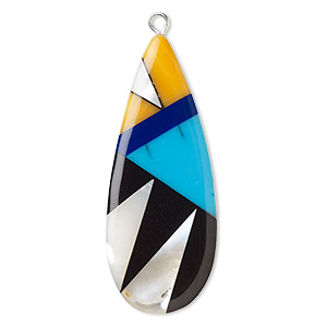 Focal, mother-of-pearl shell / resin / silver-finished copper, multicolored, 42x18mm single-sided flat teardrop. Sold individually.