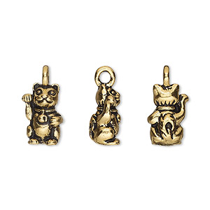 Charm, TierraCast&reg;, &quot;Happy Go Lucky&quot; collection, antique gold-plated pewter (tin-based alloy), 13x8mm 3D beckoning cat. Sold per pkg of 2.