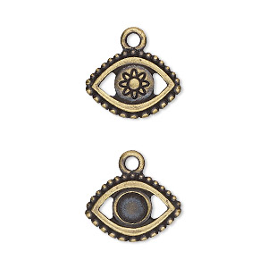 Charm, TierraCast&reg;, &quot;Happy Go Lucky&quot; collection, antique brass-plated pewter (tin-based alloy), 16x11mm two-sided evil eye with SS20 flat back glue-in setting. Sold per pkg of 2.