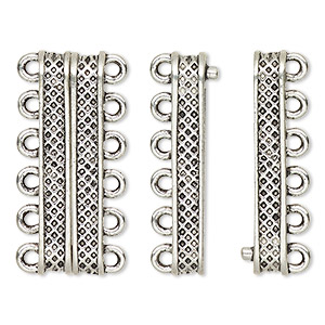 Clasp, 6-strand magnetic, antique silver-finished &quot;pewter&quot; (zinc-based alloy), 30.5x9mm rectangle with textured design. Sold individually.