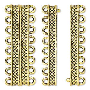 Clasp, 8-strand magnetic, antique gold-finished &quot;pewter&quot; (zinc-based alloy), 40x9mm rectangle with textured design. Sold individually.