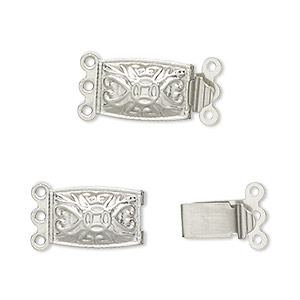 Clasp, 3-strand tab, stainless steel, 14.5x10mm rectangle with heart and cross design. Sold per pkg of 10.