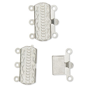 Clasp, 3-strand tab, stainless steel, 20x8mm rectangle with stitched design. Sold per pkg of 10.