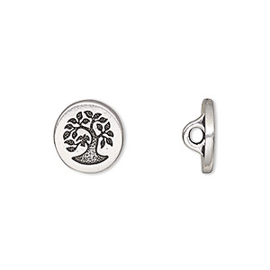 Button, TierraCast&reg;, antique silver-plated pewter (tin-based alloy), 12mm flat round with bird in tree and loop. Sold per pkg of 2.