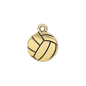Charm, TierraCast&reg;, antique gold-plated pewter (tin-based alloy), 15.5mm two-sided volleyball. Sold per pkg of 2.