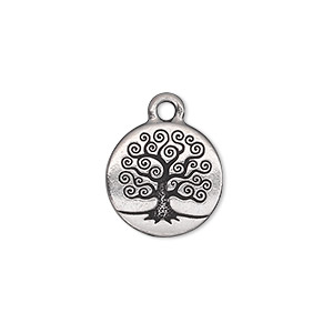 Drop, TierraCast&reg;, antique silver-plated pewter (tin-based alloy), 15.5mm double-sided flat round with tree of life. Sold per pkg of 2.