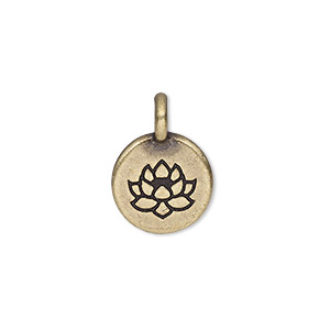 Drop, TierraCast&reg;, antique brass-plated pewter (tin-based alloy), 11.5mm single-sided round with lotus. Sold per pkg of 2.