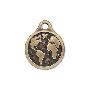 Drop, TierraCast&reg;, antique brass-plated pewter (tin-based alloy), 16.5mm double-sided round with Earth. Sold per pkg of 2.